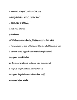 11- ARBI AUR PUNJABI KA LISANI RESHTAH
12- PUNJABI PAR ARBI KAY LISANI ASRAAT
13- URDU HAI JIS KA NAAM
14- Lafz Hind ki kahani
15- Hindustani
16- Tabdiliaan zobanoon kay liay foladi Vatamunz ka darja rakhti
17- Tamam insanoon ki asl eak hai Laikin Zobanain halaat ki paidawar hain
18- Moawan anasar kay paish nazar mazeed haroof ki tashkeel
19- Angraizi aur os ki hadoud
20- Qomoon ki taraqi oon ki apni zoban main hi momkin hai
21- Angraizi donya ki behtarein zoban nahain hai
22- Angraizi donya ki behtatein zoban nahain hai (2)
23- Angraizi aaj aur aata kal
 