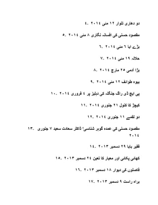 ٤- ‫دھار‬ ‫دو‬‫ی‬‫تلوار‬١٢‫مئ‬‫ی‬٢٠١٤
٥- ‫حسن‬ ‫مقصود‬‫ی‬‫ک‬‫ی‬‫نگار‬ ‫افسانہ‬‫ی‬٨‫مئ‬‫ی‬٢٠١٤
٦- ‫ابا‬ ‫بڑے‬٦‫مئ‬‫ی‬٢٠١٤
٧- ‫حاللہ‬١٩‫مئ‬‫ی‬٢٠١٤
٨- ‫آدم‬ ‫بڑا‬‫ی‬٢٥‫مارچ‬٢٠١٤
٩- ‫ب‬‫ی‬‫طوائف‬ ‫وہ‬١٢‫مئ‬‫ی‬٢٠١٤
١٠- ‫پ‬‫ی‬‫ا‬‫ی‬‫ڈ‬ ‫چ‬‫ی‬‫ک‬ ‫جنگلہ‬ ‫راگ‬‫ی‬‫دہل‬‫ی‬‫پر‬ ‫ز‬٤‫فرور‬‫ی‬٢٠١٤
١١- ‫ک‬‫ی‬‫کنول‬ ‫کا‬ ‫چڑ‬٢١‫جنور‬‫ی‬٢٠١٤
١٢- ‫دو‬‫لقمے‬١١‫جنور‬‫ی‬٢٠١٤
١٣- ‫حسن‬ ‫مقصود‬‫ی‬‫ک‬‫ی‬‫شناس‬ ‫گوہر‬ ‫عمدہ‬‫ی‬‘‫سع‬ ‫سعادت‬ ‫ڈاکٹر‬‫ی‬‫د‬٧‫جنور‬‫ی‬
٢٠١٤
١٤- ‫فق‬‫ی‬‫بابا‬ ‫ر‬٢٩‫دسمبر‬٢٠١٣
١٥- ‫کھائ‬‫ی‬‫پکائ‬‫ی‬‫مع‬ ‫اور‬‫ی‬‫تع‬ ‫کا‬ ‫ار‬‫ی‬‫ن‬٢٤‫دسمبر‬٢٠١٣
١٦- ‫ک‬ ‫فاصلوں‬‫ی‬‫د‬‫ی‬‫وار‬١٨‫دسمبر‬٢٠١٣
١٧- ‫راست‬ ‫براہ‬٩‫دسمبر‬٢٠١٣
 