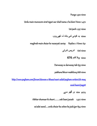 Punga 1,922 views
Urdu main munzoom sirat'nigari aur shah'nama e hu'dum Views: 1,472
Un'parh 1,197 views
‫ی‬‫کوئ‬ ‫ہ‬‫ی‬‫نئ‬‫ی‬‫نہ‬ ‫بات‬‫تھ‬‫ی‬1,174 views
maghrab main shaiar ke nazaryati zaviay Replies: 2 Views: 641
‫ادر‬‫ی‬‫شرل‬ ‫س‬‫ی‬ 626 views
‫قدم‬ ‫پہال‬676 views
Darwazay se darwazay tak 653 views
pakhana'khoor makhlooq 668 views
http://www.pegham.com/forum/deewan-e-khaas/nasri-adab/pegham-writers/dr-maq
sood-hasni/page8
‫سے‬ ‫گھر‬ ‫ہر‬ view 4074
Akhtar shumaar ki shaeri...........eak lisani jaezah 2,917 views
sa'adat saeed......urdu shaiar ka zoban ka jadu'gar 854 views
 