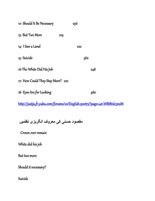 12- Should It Be Necessary 256
13- But Two More 219
14- I Saw a Land 222
15- Suicide 362
16-The White Did His Job 248
17- How Could They Stay More? 222
18- Eyes Are for Looking 480
http://justju.fr.yuku.com/forums/20/English-poetry?page=4#.WBtBnlc5nsM
‫حسن‬ ‫مقصود‬‫ی‬‫ک‬‫ی‬‫انگر‬ ‫معروف‬‫ی‬‫ز‬‫ی‬‫نظم‬‫ی‬‫ں‬
Crown ever remain
White did his job
But two more
Should it necessary?
Suicide
 