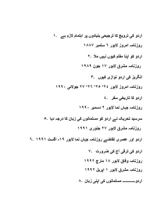 ١- ‫ک‬ ‫اردو‬‫ی‬‫ترو‬‫ی‬‫ترج‬ ‫کا‬ ‫ج‬‫ی‬‫ح‬‫ی‬‫بن‬‫ی‬‫ہے‬ ‫الزم‬ ‫اہتمام‬ ‫پر‬ ‫ادوں‬
‫ال‬ ‫امروز‬ ‫روزنامہ‬‫ہور‬٦‫ستمبر‬١٨٨٧
٢- ‫ک‬ ‫مقام‬ ‫اپنا‬ ‫کو‬ ‫اردو‬‫ی‬‫نہ‬ ‫وں‬‫ی‬‫مال‬ ‫ں‬
‫الہور‬ ‫مشرق‬ ‫روزنامہ‬١٧‫جون‬١٩٨٩
٣- ‫انگر‬‫ی‬‫ک‬ ‫ز‬‫ی‬‫نواز‬ ‫اردو‬‫ی‬‫ک‬‫ی‬‫وں‬
‫الہور‬ ‫امروز‬ ‫روزنامہ‬٢٤‘٢٥‘٢٦‘٢٧‫جوالئ‬‫ی‬١٩٩٠
٤- ‫تار‬ ‫کا‬ ‫اردو‬‫ی‬‫خ‬‫ی‬‫سفر‬
‫الہور‬ ‫نما‬ ‫جہاں‬ ‫روزنامہ‬٢‫دسمبر‬١٩٩٠
٥- ‫سرس‬‫ی‬‫تحر‬ ‫د‬‫ی‬‫مسلمانوں‬ ‫کو‬ ‫اردو‬ ‫نے‬ ‫ک‬‫ک‬‫ی‬‫د‬ ‫درجہ‬ ‫کا‬ ‫زبان‬‫ی‬‫ا‬
‫الہور‬ ‫مشرق‬ ‫روزنامہ‬٢٧‫جنور‬‫ی‬١٩٩١
٦- ‫عصر‬ ‫اور‬ ‫اردو‬‫ی‬‫الہور‬ ‫نما‬ ‫جہاں‬ ‫روزنامہ‬ ‫تقاضے‬١٩-‫اگست‬١٩٩١
٧- ‫ک‬ ‫اردو‬‫ی‬‫ترق‬‫ی‬‫ک‬ ‫آج‬‫ی‬‫ضرورت‬
‫الہور‬ ‫وفاق‬ ‫روزنامہ‬١٨‫مارچ‬١٩٩٢
‫الہور‬ ‫مشرق‬ ‫روزنامہ‬١‫اپر‬‫ی‬‫ل‬١٩٩٢
٨- ‫اردو‬‫۔۔۔۔۔۔۔۔۔۔۔۔۔‬‫ک‬ ‫مسلمانوں‬‫ی‬‫اپن‬‫ی‬‫زبان‬
 