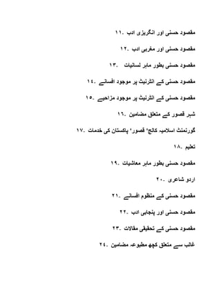 ١١- ‫حسن‬ ‫مقصود‬‫ی‬‫انگر‬ ‫اور‬‫ی‬‫ز‬‫ی‬‫ادب‬
١٢- ‫حسن‬ ‫مقصود‬‫ی‬‫مغرب‬ ‫اور‬‫ی‬‫ادب‬
١٣- ‫حسن‬ ‫مقصود‬‫ی‬‫لسان‬ ‫ماہر‬ ‫بطور‬‫ی‬‫ات‬
١٤- ‫مقصود‬‫حسن‬‫ی‬‫انٹرن‬ ‫کے‬‫ی‬‫افسانے‬ ‫موجود‬ ‫پر‬ ‫ٹ‬
١٥- ‫حسن‬ ‫مقصود‬‫ی‬‫انٹرن‬ ‫کے‬‫ی‬‫مزاح‬ ‫موجود‬ ‫پر‬ ‫ٹ‬‫ی‬‫ے‬
١٦- ‫مضام‬ ‫متعلق‬ ‫کے‬ ‫قصور‬ ‫شہر‬‫ی‬‫ن‬
١٧- ‫اسالم‬ ‫گورنمنٹ‬‫ی‬‫کالج‬ ‫ہ‬‘‫قصور‬‘‫ک‬ ‫پاکستان‬‫ی‬‫خدمات‬
١٨- ‫تعل‬‫ی‬‫م‬
١٩- ‫حسن‬ ‫مقصود‬‫ی‬‫معاش‬ ‫ماہر‬ ‫بطور‬‫ی‬‫ات‬
٢٠- ‫شاعر‬ ‫اردو‬‫ی‬
٢١- ‫حسن‬ ‫مقصود‬‫ی‬‫افسانے‬ ‫منظوم‬ ‫کے‬
٢٢- ‫حسن‬ ‫مقصود‬‫ی‬‫پنجاب‬ ‫اور‬‫ی‬‫ادب‬
٢٣- ‫حسن‬ ‫مقصود‬‫ی‬‫تحق‬ ‫کے‬‫ی‬‫ق‬‫ی‬‫مقاالت‬
٢٤- ‫مضام‬ ‫مطبوعہ‬ ‫کچھ‬ ‫متعلق‬ ‫سے‬ ‫غالب‬‫ی‬‫ن‬
 