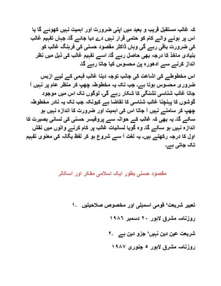 ‫قر‬ ‫مستقبل‬ ‫غالب‬ ‫کہ‬‫ی‬‫بع‬ ‫و‬ ‫ب‬‫ی‬‫م‬ ‫د‬‫ی‬‫اپن‬ ‫ں‬‫ی‬‫اہم‬ ‫اور‬ ‫ضرورت‬‫ی‬‫نہ‬ ‫ت‬‫ی‬‫کھوئے‬ ‫ں‬‫گا‬‫ی‬‫ا‬
‫حتم‬ ‫کو‬ ‫کام‬ ‫والے‬ ‫ہونے‬ ‫پر‬ ‫اس‬‫ی‬‫نہ‬ ‫قرار‬‫ی‬‫د‬ ‫دے‬ ‫ں‬‫ی‬‫گا‬ ‫جائے‬ ‫ا‬‫۔‬‫تفہ‬ ‫جہاں‬‫ی‬‫غ‬ ‫م‬‫الب‬
‫ک‬‫ی‬‫باق‬ ‫ضرورت‬‫ی‬‫گ‬ ‫رہے‬‫ی‬‫حسن‬ ‫مقصود‬ ‫ڈاکٹر‬ ‫وہاں‬‫ی‬‫ک‬‫ی‬‫کو‬ ‫غالب‬ ‫فرہنگ‬
‫بن‬‫ی‬‫اد‬‫ی‬‫کا‬ ‫ماخذ‬‫بھ‬ ‫درجہ‬‫ی‬‫گا‬ ‫رہے‬ ‫حاصل‬‫۔‬‫تفہ‬ ‫اسے‬‫ی‬‫ک‬ ‫غالب‬ ‫م‬‫ی‬‫ذ‬‫ی‬‫م‬ ‫ل‬‫ی‬‫ن‬ ‫ں‬‫ظر‬
‫ک‬ ‫محسوس‬ ‫پن‬ ‫ادھورہ‬ ‫سے‬ ‫کرنے‬ ‫انداز‬‫ی‬‫گا‬ ‫رہے‬ ‫جاتا‬ ‫ا‬‫۔‬
‫ک‬ ‫مخطوطے‬ ‫اس‬‫ی‬‫ک‬ ‫اشاعت‬‫ی‬‫د‬ ‫توجہ‬ ‫جانب‬‫ی‬‫فہم‬ ‫غالب‬ ‫نا‬‫ی‬‫ل‬ ‫کے‬‫ی‬‫ازبس‬ ‫ے‬
‫ضرور‬‫ی‬‫ہے‬ ‫ہوتا‬ ‫محسوس‬‫۔‬‫تک‬ ‫جب‬‫ی‬‫نہ‬ ‫پر‬ ‫عام‬ ‫منظر‬ ‫کر‬ ‫چھپ‬ ‫مخطوطہ‬ ‫ہ‬‫ی‬‫آ‬ ‫ں‬
‫شناس‬ ‫غالب‬ ‫جاتا‬‫ی‬‫تشنگ‬‫ی‬‫رہے‬ ‫شکار‬ ‫کا‬‫گ‬‫ی۔‬‫م‬ ‫اس‬ ‫تک‬ ‫لوگوں‬‫ی‬‫موجود‬ ‫ں‬
‫شناس‬ ‫غالب‬ ‫پہنچنا‬ ‫کا‬ ‫گوشوں‬‫ی‬‫ک‬ ‫ہے‬ ‫تقاضا‬ ‫کا‬‫ی‬‫تک‬ ‫جب‬ ‫ونکہ‬‫ی‬‫م‬ ‫نادر‬ ‫ہ‬‫خطوطہ‬
‫نہ‬ ‫سامنے‬ ‫کر‬ ‫چھپ‬‫ی‬‫ک‬ ‫اس‬ ‫جاتا‬ ‫آ‬ ‫ں‬‫ی‬‫اہم‬‫ی‬‫نہ‬ ‫اندازہ‬ ‫کا‬ ‫ضرورت‬ ‫اور‬ ‫ت‬‫ی‬‫ہو‬ ‫ں‬
‫گا‬ ‫سکے‬‫۔‬‫ی‬‫بھ‬ ‫ہ‬‫ی‬‫پروف‬ ‫سے‬ ‫حوالہ‬ ‫کے‬ ‫غالب‬ ‫کہ‬‫ی‬‫حسن‬ ‫سر‬‫ی‬‫ک‬‫ی‬‫لسان‬‫ی‬‫ب‬‫ص‬‫ی‬‫کا‬ ‫رت‬
‫نہ‬ ‫اندازہ‬‫ی‬‫گا‬ ‫سکے‬ ‫ہو‬ ‫ں‬‫۔‬‫گو‬ ‫وہ‬‫ی‬‫ل‬ ‫ا‬‫سان‬‫ی‬‫م‬ ‫والوں‬ ‫کرنے‬ ‫کام‬ ‫پر‬ ‫غالب‬ ‫ات‬‫ی‬‫ں‬‫نقش‬
‫ہ‬ ‫رکھتے‬ ‫درجہ‬ ‫کا‬ ‫اول‬‫ی‬‫ں‬‫۔‬‫ی‬‫لفظ‬ ‫کر‬ ‫ہو‬ ‫شروع‬ ‫سے‬ ‫آ‬ ‫لغت‬ ‫ہ‬‫ی‬‫ک‬ ‫گانہ‬‫ی‬‫معنو‬‫ی‬‫تفہ‬‫ی‬‫م‬
‫جات‬ ‫تک‬‫ی‬‫ہے‬‫۔‬
‫حسن‬ ‫مقصود‬‫ی‬‫ا‬ ‫بطور‬‫ی‬‫اسالم‬ ‫ک‬‫ی‬‫اسکالر‬ ‫اور‬ ‫مفکر‬
١- ‫تعب‬‫ی‬‫شر‬ ‫ر‬‫ی‬‫عت‬‘‫قوم‬‫ی‬‫اسمبل‬‫ی‬‫صالح‬ ‫مخصوص‬ ‫اور‬‫ی‬‫ت‬‫ی‬‫ں‬
‫الہور‬ ‫مشرق‬ ‫روزنامہ‬٢٠‫دسمبر‬١٩٨٦
٢- ‫شر‬‫ی‬‫ع‬ ‫عت‬‫ی‬‫د‬ ‫ن‬‫ی‬‫نہ‬ ‫ن‬‫ی‬‫ں‬‘‫د‬ ‫جزو‬‫ی‬‫ہے‬ ‫ن‬
‫الہور‬ ‫مشرق‬ ‫روزنامہ‬٥‫جنور‬‫ی‬١٩٨٧
 