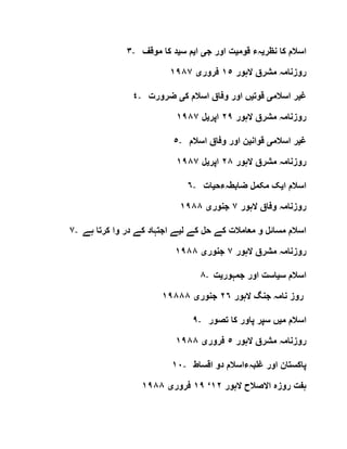 ٣- ‫نظر‬ ‫کا‬ ‫اسالم‬‫ی‬‫قوم‬ ‫ہء‬‫ی‬‫ج‬ ‫اور‬ ‫ت‬‫ی‬‫ا‬‫ی‬‫س‬ ‫م‬‫ی‬‫موقف‬ ‫کا‬ ‫د‬
‫الہور‬ ‫مشرق‬ ‫روزنامہ‬١٥‫فرور‬‫ی‬١٩٨٧
٤- ‫غ‬‫ی‬‫اسالم‬ ‫ر‬‫ی‬‫قوت‬‫ی‬‫ک‬ ‫اسالم‬ ‫وفاق‬ ‫اور‬ ‫ں‬‫ی‬‫ضرورت‬
‫الہور‬ ‫مشرق‬ ‫روزنامہ‬٢٩‫اپر‬‫ی‬‫ل‬١٩٨٧
٥- ‫غ‬‫ی‬‫اسالم‬ ‫ر‬‫ی‬‫قوان‬‫ی‬‫اسالم‬ ‫وفاق‬ ‫اور‬ ‫ن‬
‫الہور‬ ‫مشرق‬ ‫روزنامہ‬٢٨‫اپر‬‫ی‬‫ل‬١٩٨٧
٦- ‫ا‬ ‫اسالم‬‫ی‬‫ضابطہءح‬ ‫مکمل‬ ‫ک‬‫ی‬‫ات‬
‫الہور‬ ‫وفاق‬ ‫روزنامہ‬٧‫جنور‬‫ی‬١٩٨٨
٧- ‫ل‬ ‫کے‬ ‫حل‬ ‫کے‬ ‫معامالت‬ ‫و‬ ‫مسائل‬ ‫اسالم‬‫ی‬‫ہے‬ ‫کرتا‬ ‫وا‬ ‫در‬ ‫کے‬ ‫اجتہاد‬ ‫ے‬
‫الہور‬ ‫مشرق‬ ‫روزنامہ‬٧‫جنور‬‫ی‬١٩٨٨
٨- ‫س‬ ‫اسالم‬‫ی‬‫جمہور‬ ‫اور‬ ‫است‬‫ی‬‫ت‬
‫الہور‬ ‫جنگ‬ ‫نامہ‬ ‫روز‬٢٦‫جنور‬‫ی‬١٩٨٨٨
٩- ‫م‬ ‫اسالم‬‫ی‬‫تصور‬ ‫کا‬ ‫پاور‬ ‫سپر‬ ‫ں‬
‫الہور‬ ‫مشرق‬ ‫روزنامہ‬٥‫فرور‬‫ی‬١٩٨٨
١٠- ‫اقساط‬ ‫دو‬ ‫غلبہءاسالم‬ ‫اور‬ ‫پاکستان‬
‫الہور‬ ‫االصالح‬ ‫روزہ‬ ‫ہفت‬١٢‘١٩‫فرور‬‫ی‬١٩٨٨
 