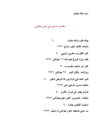 ‫ن‬ ‫اردو‬‫ی‬‫جاپان‬ ‫ٹ‬
‫حسن‬ ‫مقصود‬‫ی‬‫ادب‬ ‫کے‬‫ی‬‫مطالے‬
١- ‫کور‬ ‫بوف‬‫۔۔۔‬‫ا‬‫ی‬‫جائزہ‬ ‫ک‬
‫مارچ‬ ‫الہور‬ ‫تفاخر‬ ‫ماہنامہ‬١٩٩١
٢- ‫مغرب‬ ‫اور‬ ‫اقبال‬ ‫اکبر‬‫ی‬‫زاو‬‫ی‬‫ے‬
‫ح‬ ‫فروغ‬ ‫روزہ‬ ‫ہفت‬‫ی‬‫درآباد‬١٦‫جوالئ‬‫ی‬١٩٩١
٣- ‫تہذ‬ ‫اور‬ ‫اکبر‬‫ی‬‫مغرب‬ ‫ب‬‫۔۔۔۔۔۔‬
‫الہور‬ ‫وفاق‬ ‫روزنامہ‬٢٥‫جوالئ‬‫ی‬١٩٩١
٤- ‫نذ‬‫ی‬‫تار‬ ‫کا‬ ‫کرداروں‬ ‫کے‬ ‫احمد‬ ‫ر‬‫ی‬‫خ‬‫ی‬‫شعور‬
‫صر‬ ‫ماہنامہ‬‫ی‬‫کراچ‬ ‫ر‬‫ی‬‫مئ‬‫ی‬١٩٩٢
٥- ‫ک‬‫ک‬ ‫چندر‬ ‫رشن‬‫ی‬‫نگار‬ ‫کردار‬‫ی‬
‫تحر‬ ‫ماہنامہ‬‫ی‬‫ر‬‫ی‬‫جون‬ ‫الہور‬ ‫ں‬‫۔‬‫جوالئ‬‫ی‬١٩٩٢
٦- ‫اسلوب‬‘‫تنق‬‫ی‬‫د‬‫ی‬‫جائزہ‬
‫ماہ‬ ‫سہ‬‫ی‬‫صح‬‫ی‬‫جوالئ‬ ‫الہور‬ ‫فہ‬‫ی‬‫ستمبر‬ ‫تا‬١٩٩٢
 