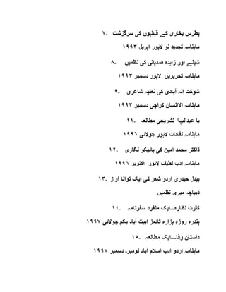 ٧- ‫بخار‬ ‫پطرس‬‫ی‬‫ک‬ ‫قہقہوں‬ ‫کے‬‫ی‬‫سرگزشت‬
‫تجد‬ ‫ماہنامہ‬‫ی‬‫اپر‬ ‫الہور‬ ‫نو‬ ‫د‬‫ی‬‫ل‬١٩٩٣
٨- ‫ش‬‫ی‬‫صد‬ ‫زاہدہ‬ ‫اور‬ ‫لے‬‫ی‬‫ق‬‫ی‬‫ک‬‫ی‬‫نظم‬‫ی‬‫ں‬
‫تحر‬ ‫ماہنامہ‬‫ی‬‫ر‬‫ی‬‫الہو‬ ‫ں‬‫دسمبر‬ ‫ر‬١٩٩٣
٩- ‫آباد‬ ‫الہ‬ ‫شوکت‬‫ی‬‫ک‬‫ی‬‫نعت‬‫ی‬‫شاعر‬ ‫ہ‬‫ی‬
‫کراچ‬ ‫االانسان‬ ‫ماہنامہ‬‫ی‬‫دسمبر‬١٩٩٣
١١- ‫ی‬‫عبدالبہا‬ ‫ا‬‘‫تشر‬‫ی‬‫ح‬‫ی‬‫مطالعہ‬
‫جوالئ‬ ‫الہور‬ ‫نفحات‬ ‫ماہنامہ‬‫ی‬١٩٩٦
١٢- ‫ام‬ ‫محمد‬ ‫ڈاکٹر‬‫ی‬‫ک‬ ‫ن‬‫ی‬‫ہائ‬‫ی‬‫نگار‬ ‫کو‬‫ی‬
‫لط‬ ‫ادب‬ ‫ماہنامہ‬‫ی‬‫اکتوبر‬ ‫الہور‬ ‫ف‬١٩٩٦
١٣- ‫ب‬‫ی‬‫ح‬ ‫دل‬‫ی‬‫در‬‫ی‬‫ک‬ ‫شعر‬ ‫اردو‬‫ی‬‫ا‬‫ی‬‫توانا‬ ‫ک‬‫آواز‬
‫د‬‫ی‬‫م‬ ‫باچہ‬‫ی‬‫ر‬‫ی‬‫نظم‬‫ی‬‫ں‬
١٤- ‫نظارہ‬ ‫کثرت‬‫۔۔۔‬‫ا‬‫ی‬‫سفرنامہ‬ ‫منفرد‬ ‫ک‬
‫ا‬ ‫ٹائمز‬ ‫ہزارہ‬ ‫روزہ‬ ‫پندرہ‬‫ی‬‫آباد‬ ‫بٹ‬‫ی‬‫جوالئ‬ ‫کم‬‫ی‬١٩٩٧
١٥- ‫وفا‬ ‫داستان‬‫۔۔۔۔‬‫ا‬‫ی‬‫مطالعہ‬ ‫ک‬
‫نومبر‬ ‫آباد‬ ‫اسالم‬ ‫ادب‬ ‫اردو‬ ‫ماہنامہ‬‫۔‬‫دسمبر‬١٩٩٧
 