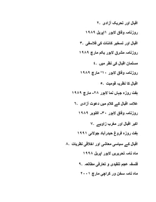 ٢- ‫تحر‬ ‫اور‬ ‫اقبال‬‫ی‬‫آزاد‬ ‫ک‬‫ی‬
‫الہور‬ ‫وفاق‬ ‫روزنامہ‬١‫اپر‬‫ی‬‫ل‬١٩٨٩
٣- ‫اقبا‬‫تسخ‬ ‫اور‬ ‫ل‬‫ی‬‫ک‬ ‫کائنات‬ ‫ر‬‫ی‬‫فالسف‬‫ی‬
‫الہور‬ ‫مشرق‬ ‫روزنامہ‬‫ی‬‫مارچ‬ ‫کم‬١٩٨٩
٤- ‫ک‬ ‫اقبال‬ ‫مسلمان‬‫ی‬‫م‬ ‫نظر‬‫ی‬‫ں‬
‫الہور‬ ‫وفاق‬ ‫روزنامہ‬١٠‘‫مارچ‬١٩٨٩
٥- ‫نظر‬ ‫کا‬ ‫اقبال‬‫ی‬‫قوم‬ ‫ہ‬‫ی‬‫ت‬
‫الہور‬ ‫نما‬ ‫جہاں‬ ‫روزہ‬ ‫ہفت‬٢٨-‫مارچ‬١٩٨٩
٦- ‫م‬ ‫کالم‬ ‫کے‬ ‫اقبال‬ ‫عالمہ‬‫ی‬‫آزاد‬ ‫دعوت‬ ‫ں‬‫ی‬
‫الہور‬ ‫وفاق‬ ‫روزنامہ‬٣٠-‫اکتوبر‬١٩٨٩
٧- ‫زاو‬ ‫مغرب‬ ‫اور‬ ‫اقبال‬ ‫اکبر‬‫ی‬‫ے‬
‫ح‬ ‫فروغ‬ ‫روزہ‬ ‫ہفت‬‫ی‬‫جوالئ‬ ‫درآباد‬‫ی‬١٩٩١
٨- ‫س‬ ‫کے‬ ‫اقبال‬‫ی‬‫اس‬‫ی‬‫معاش‬‫ی‬‫اخالق‬ ‫اور‬‫ی‬‫نظر‬‫ی‬‫ات‬
‫تحر‬ ‫نامہ‬ ‫ماہ‬‫ی‬‫ر‬‫ی‬‫اپر‬ ‫الہور‬ ‫ں‬‫ی‬‫ل‬١٩٩٨
٩- ‫تنق‬ ‫عجم‬ ‫فلسفہ‬‫ی‬‫د‬‫ی‬‫تعارف‬ ‫و‬‫ی‬‫مطالعہ‬
‫کراچ‬ ‫ور‬ ‫سخن‬ ‫نامہ‬ ‫ماہ‬‫ی‬‫مارچ‬٢٠٠١
 