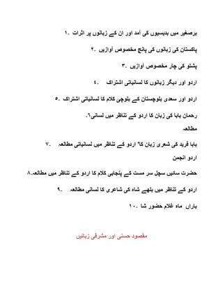 ١- ‫برصغ‬‫ی‬‫م‬ ‫ر‬‫ی‬‫بد‬ ‫ں‬‫ی‬‫س‬‫ی‬‫ک‬ ‫وں‬‫ی‬‫اثرات‬ ‫پر‬ ‫زبانوں‬ ‫کے‬ ‫ان‬ ‫اور‬ ‫آمد‬
٢- ‫ک‬ ‫پاکستان‬‫ی‬‫ک‬ ‫زبانوں‬‫ی‬‫آواز‬ ‫مخصوص‬ ‫پانچ‬‫ی‬‫ں‬
٣- ‫ک‬ ‫پشتو‬‫ی‬‫آواز‬ ‫مخصوص‬ ‫چار‬‫ی‬‫ں‬
٤- ‫د‬ ‫اور‬ ‫اردو‬‫ی‬‫لسان‬ ‫کا‬ ‫زبانوں‬ ‫گر‬‫ی‬‫ات‬‫ی‬‫اشتراک‬
٥- ‫سعد‬ ‫اور‬ ‫اردو‬‫ی‬‫بلوچ‬ ‫کے‬ ‫بلوچستان‬‫ی‬‫کالم‬‫لسان‬ ‫کا‬‫ی‬‫ات‬‫ی‬‫اشتراک‬
٦- ‫ک‬ ‫بابا‬ ‫رحمان‬‫ی‬‫م‬ ‫تناظر‬ ‫کے‬ ‫اردو‬ ‫کا‬ ‫زبان‬‫ی‬‫لسان‬ ‫ں‬‫ی‬
‫مطالعہ‬
٧- ‫فر‬ ‫بابا‬‫ی‬‫ک‬ ‫د‬‫ی‬‫شعر‬‫ی‬‫م‬ ‫تناظر‬ ‫کے‬ ‫اردو‬ '‫کا‬ ‫زبان‬‫ی‬‫لسان‬ ‫ں‬‫ی‬‫ات‬‫ی‬‫مطالعہ‬
‫انجمن‬ ‫اردو‬
٨- ‫سائ‬ ‫حضرت‬‫ی‬‫پنجاب‬ ‫کے‬ ‫مست‬ ‫سر‬ ‫سچل‬ ‫ں‬‫ی‬‫م‬ ‫تناظر‬ ‫کے‬ ‫اردو‬ ‫کا‬ ‫کالم‬‫ی‬‫ں‬‫مطالعہ‬
٩- ‫م‬ ‫تناظر‬ ‫کے‬ ‫اردو‬‫ی‬‫ک‬ ‫شاہ‬ ‫بلھے‬ ‫ں‬‫ی‬‫شاعر‬‫ی‬‫لسان‬ ‫کا‬‫ی‬‫مطالعہ‬
١٠- ‫شا‬ ‫حضور‬ ‫غالم‬ ‫ماہ‬ ‫باراں‬
‫حسن‬ ‫مقصود‬‫ی‬‫مشرق‬ ‫اور‬‫ی‬‫زبان‬‫ی‬‫ں‬
 
