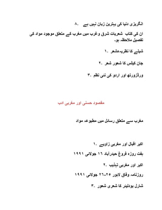 ٨- ‫انگر‬‫ی‬‫ز‬‫ی‬‫دن‬‫ی‬‫ک‬ ‫ا‬‫ی‬‫بہتر‬‫ی‬‫نہ‬ ‫زبان‬ ‫ن‬‫ی‬‫ہے‬ ‫ں‬
‫ک‬ ‫ان‬‫ی‬‫شعر‬ ‫کتاب‬‫ی‬‫م‬ ‫وغرب‬ ‫شرق‬ ‫ات‬‫ی‬‫ک‬ ‫مواد‬ ‫موجود‬ ‫متعلق‬ ‫کے‬ ‫مغرب‬ ‫ں‬‫ی‬
‫تفص‬‫ی‬‫ہو‬ ‫مالحظہ‬ ‫ل‬‫۔‬
١- ‫ش‬‫ی‬‫نظر‬ ‫کا‬ ‫لے‬‫ی‬‫ہءشعر‬
٢- ‫ک‬ ‫جان‬‫ی‬‫شعر‬ ‫شعور‬ ‫کا‬ ‫ٹس‬
٣- ‫ک‬ ‫اردو‬ ‫اور‬ ‫ورڈزورتھ‬‫ی‬‫نئ‬‫ی‬‫نظم‬
‫حسن‬ ‫مقصود‬‫ی‬‫مغرب‬ ‫اور‬‫ی‬‫ادب‬
‫متعل‬ ‫سے‬ ‫مغرب‬‫م‬ ‫رسائل‬ ‫ق‬‫ی‬‫مواد‬ ‫مطبوعہ‬ ‫ں‬
١- ‫مغرب‬ ‫اور‬ ‫اقبال‬ ‫اکبر‬‫ی‬‫زاو‬‫ی‬‫ے‬
‫ح‬ ‫فروغ‬ ‫روزہ‬ ‫ہفت‬‫ی‬‫درآباد‬١٦‫جوالئ‬‫ی‬١٩٩١
٢- ‫مغرب‬ ‫اور‬ ‫اکبر‬‫ی‬‫تہذ‬‫ی‬‫ب‬
‫الہور‬ ‫وفاق‬ ‫روزنامہ‬٢٥-٢٦‫جوالئ‬‫ی‬١٩٩١
٣- ‫بودل‬ ‫شارل‬‫ی‬‫شعر‬ ‫کا‬ ‫ئر‬‫ی‬‫شعور‬
 