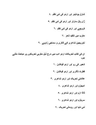 ٤- ‫بودل‬ ‫شارل‬‫ی‬‫ک‬ ‫اردو‬ ‫اور‬ ‫ئر‬‫ی‬‫نئ‬‫ی‬‫نظم‬
٥- ‫ک‬ ‫اردو‬ ‫اور‬ ‫سارتر‬ ‫پال‬ ‫ژاں‬‫ی‬‫نئ‬‫ی‬‫نظم‬
٦- ‫ک‬ ‫اردو‬ ‫اور‬ ‫کروچے‬‫ی‬‫نئ‬‫ی‬‫نظم‬
٧- ‫م‬ ‫مغرب‬‫ی‬‫تنق‬ ‫ں‬‫ی‬‫شعر‬ ‫د‬
٩- ‫ناور‬‫ی‬‫ج‬‫ی‬‫شاعر‬ ‫ن‬‫ی‬‫فکر‬ ‫کے‬‫ی‬‫سماج‬ ‫و‬‫ی‬‫زاو‬‫ی‬‫ے‬
‫ک‬ ‫ان‬‫ی‬‫تحر‬ ‫کتاب‬‫ی‬‫م‬ ‫ادب‬ ‫اردو‬ ‫کات‬‫ی‬‫ذ‬ ‫درج‬ ‫ں‬‫ی‬‫مغرب‬ ‫ل‬‫ی‬‫تحر‬‫ی‬‫م‬ ‫مباحث‬ ‫پر‬ ‫کوں‬‫لتے‬
‫ہ‬‫ی‬‫ں‬‫۔‬
١- ‫ک‬ ‫شعور‬‫ی‬‫ف‬ ‫اردو‬ ‫اور‬ ‫رو‬‫ی‬‫کشن‬
٢- ‫نگار‬ ‫فطرت‬‫ی‬‫ف‬ ‫اردو‬ ‫اور‬‫ی‬‫کشن‬
٣- ‫عالمت‬‫ی‬‫تحر‬‫ی‬‫شاعر‬ ‫اردو‬ ‫اور‬ ‫ک‬‫ی‬
٤- ‫ام‬‫ی‬‫شاعر‬ ‫اردو‬ ‫اور‬ ‫جزم‬‫ی‬
٥- ‫شاعر‬ ‫اردو‬ ‫اور‬ ‫ازم‬ ‫ڈاڈا‬‫ی‬
٦- ‫سر‬‫ی‬‫شاعر‬ ‫اردو‬ ‫اور‬ ‫لزم‬‫ی‬
٧- ‫نئ‬‫ی‬‫دن‬‫ی‬‫رومان‬ ‫اور‬ ‫ا‬‫ی‬‫تحر‬‫ی‬‫ک‬
 