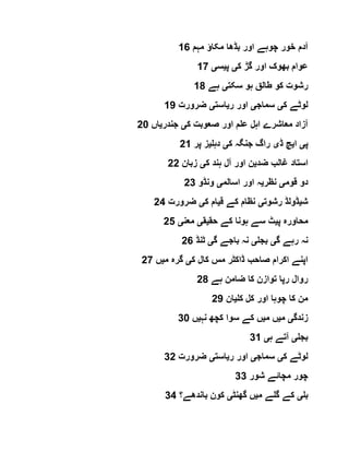‫مہم‬ ‫مکاؤ‬ ‫بڈھا‬ ‫اور‬ ‫چوہے‬ ‫خور‬ ‫آدم‬16
‫ک‬ ‫گڑ‬ ‫اور‬ ‫بھوک‬ ‫عوام‬‫ی‬‫پ‬‫ی‬‫س‬‫ی‬17
‫سکت‬ ‫ہو‬ ‫طالق‬ ‫کو‬ ‫رشوت‬‫ی‬‫ہے‬18
‫ک‬ ‫لوٹے‬‫ی‬‫سماج‬‫ی‬‫ر‬ ‫اور‬‫ی‬‫است‬‫ی‬‫ضرورت‬19
‫ک‬ ‫صعوبت‬ ‫اور‬ ‫علم‬ ‫اہل‬ ‫معاشرے‬ ‫آزاد‬‫ی‬‫جندر‬‫ی‬‫اں‬20
‫پ‬‫ی‬‫ا‬‫ی‬‫ڈ‬ ‫چ‬‫ی‬‫ک‬ ‫جنگہ‬ ‫راگ‬‫ی‬‫دہل‬‫ی‬‫پر‬ ‫ز‬21
‫ضد‬ ‫غالب‬ ‫استاد‬‫ی‬‫ک‬ ‫ہند‬ ‫آل‬ ‫اور‬ ‫ن‬‫ی‬‫زبان‬22
‫قوم‬ ‫دو‬‫ی‬‫نظر‬‫ی‬‫اسالم‬ ‫اور‬ ‫ہ‬‫ی‬‫ونڈو‬23
‫ش‬‫ی‬‫رشوت‬ ‫ڈولڈ‬‫ی‬‫ق‬ ‫کے‬ ‫نظام‬‫ی‬‫ک‬ ‫ام‬‫ی‬‫ضرورت‬24
‫پ‬ ‫محاورہ‬‫ی‬‫حق‬ ‫کے‬ ‫ہونا‬ ‫سے‬ ‫ٹ‬‫ی‬‫ق‬‫ی‬‫معن‬‫ی‬25
‫گ‬ ‫رہے‬ ‫نہ‬‫ی‬‫بجل‬‫ی‬‫گ‬ ‫باجے‬ ‫نہ‬‫ی‬‫ٹنڈ‬26
‫ک‬ ‫مس‬ ‫ڈاکٹر‬ ‫صاحب‬ ‫اکرام‬ ‫اپنے‬‫ک‬ ‫ال‬‫ی‬‫م‬ ‫گرہ‬‫ی‬‫ں‬27
‫ہے‬ ‫ضامن‬ ‫کا‬ ‫توازن‬ ‫رپا‬ ‫روال‬28
‫کل‬ ‫کل‬ ‫اور‬ ‫چوہا‬ ‫کا‬ ‫من‬‫ی‬‫ان‬29
‫زندگ‬‫ی‬‫م‬‫ی‬‫م‬ ‫ں‬‫ی‬‫نہ‬ ‫کچھ‬ ‫سوا‬ ‫کے‬ ‫ں‬‫ی‬‫ں‬30
‫بجل‬‫ی‬‫ہ‬ ‫آتے‬‫ی‬31
‫ک‬ ‫لوٹے‬‫ی‬‫سماج‬‫ی‬‫ر‬ ‫اور‬‫ی‬‫است‬‫ی‬‫ضرورت‬32
‫شور‬ ‫مچائے‬ ‫چور‬33
‫بل‬‫ی‬‫م‬ ‫گلے‬ ‫کے‬‫ی‬‫گھنٹ‬ ‫ں‬‫ی‬‫باندھے؟‬ ‫کون‬34
 