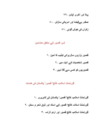 ٧٩- ‫آخر‬ ‫اور‬ ‫پہال‬‫ی‬‫آپشن‬
٨٠- ‫بےف‬ ‫صفدر‬‫ی‬‫امر‬ ‫اور‬ ‫ضا‬‫ی‬‫ک‬‫ی‬‫سازش‬
٨١- ‫ک‬ ‫زکراں‬‫ی‬‫گوئ‬ ‫خوش‬‫ی‬
‫مضام‬ ‫متعلق‬ ‫کے‬ ‫قصور‬ ‫شہر‬‫ی‬‫ن‬
١- ‫پران‬ ‫سال‬ ‫ہزاروں‬ ‫قصور‬‫ی‬‫ت‬‫ی‬‫ذ‬‫ی‬‫ام‬ ‫کا‬ ‫ب‬‫ی‬‫ن‬
٢- ‫قصو‬‫شخص‬ ‫ر‬‫ی‬‫آئ‬ ‫کے‬ ‫ات‬‫ی‬‫م‬ ‫نہ‬‫ی‬‫ں‬
٣- ‫قصور‬‫ی‬‫کس‬ ‫کو‬ ‫وں‬‫ی‬‫نہ‬ ‫گال‬ ‫سے‬‫ی‬‫ں‬
‫اسالم‬ ‫گورنمنٹ‬‫ی‬‫کالج‬ ‫ہ‬‘‫قصور‬‘‫ک‬ ‫پاکستان‬‫ی‬‫خدمات‬
١- ‫اسالم‬ ‫گورنمنٹ‬‫ی‬‫کالج‬ ‫ہ‬‘‫قصور‬‘‫ک‬ ‫پاکستان‬‫ی‬‫الئبر‬‫ی‬‫ر‬‫ی‬
٢- ‫کالج‬ ‫اسالمہ‬ ‫گورنمنٹ‬‘‫سخن‬ ‫و‬ ‫شعر‬ ‫ذوق‬ ‫اور‬ ‫استاد‬ ‫کے‬ ‫قصور‬
٣- ‫اسالم‬ ‫گورنمنٹ‬‫ی‬‫ڈرامہ‬ ‫اردو‬ ‫اور‬ ‫قصور‬ ‫کالج‬ ‫ہ‬
 