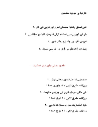 ‫انٹرن‬‫ی‬‫مضام‬ ‫موجود‬ ‫پر‬ ‫ٹ‬‫ی‬‫ن‬
١- ‫ادب‬‫ی‬‫تحق‬‫ی‬‫وتنق‬ ‫ق‬‫ی‬‫د‬‘‫جامعات‬‫ی‬‫کام‬ ‫کے‬ ‫کرنے‬ ‫اور‬ ‫اطوار‬
٢- ‫ترق‬ ‫استفادہ‬ ‫سے‬ ‫تجربے‬ ‫اور‬ ‫ہنر‬‫ی‬‫وس‬ ‫کا‬‫ی‬‫ہے‬ ‫سکتا‬ ‫ہو‬ ‫ثابت‬ ‫لہ‬
٣- ‫تدر‬‫ی‬‫تنق‬ ‫س‬‫ی‬‫امور‬ ‫طلب‬ ‫توجہ‬ ‫چند‬ ‫اور‬ ‫د‬
٤- ‫م‬ ‫نظم‬ ‫آزاد‬ ‫اور‬ ‫پابند‬‫ی‬‫تدر‬ ‫اور‬ ‫فرق‬ ‫ں‬‫ی‬‫س‬‫ی‬‫مسائل‬
‫حسن‬ ‫مقصود‬‫ی‬‫معاش‬ ‫ماہر‬ ‫بطور‬‫ی‬‫ات‬
١- ‫م‬ ‫اور‬ ‫اعتراف‬ ‫کا‬ ‫صالحتوں‬‫عاش‬‫ی‬‫ترق‬‫ی‬
‫مشرق‬ ‫روزنامہ‬‘‫الہور‬٢٦-‫جنور‬‫ی‬١٩٨٧
٢- ‫غ‬‫ی‬‫ملک‬ ‫ر‬‫ی‬‫سرما‬‫ی‬‫کار‬ ‫ہ‬‫ی‬‫جون‬ ‫اور‬‫ی‬‫حکومت‬ ‫جو‬
‫مشرق‬ ‫روزنامہ‬‘‫الہور‬٢١‫اپر‬‫ی‬‫ل‬١٩٨٧
٣- ‫انحصار‬ ‫خود‬‫ی‬‫ہے‬ ‫حل‬ ‫کا‬ ‫مسائل‬ ‫ہمارے‬ ‫ت‬
‫مشرق‬ ‫روزنامہ‬‘‫الہور‬٢١‫مارچ‬١٩٨٨
 