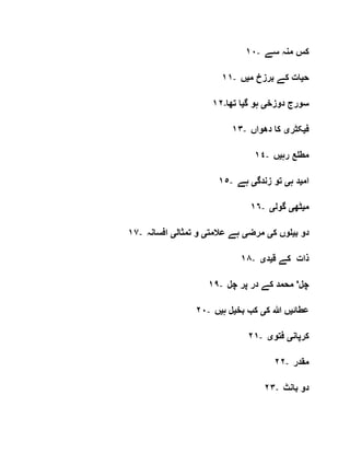 ١٠- ‫سے‬ ‫منہ‬ ‫کس‬
١١- ‫ح‬‫ی‬‫م‬ ‫برزخ‬ ‫کے‬ ‫ات‬‫ی‬‫ں‬
١٢- ‫دوزخ‬ ‫سورج‬‫ی‬‫گ‬ ‫ہو‬‫ی‬‫تھا‬ ‫ا‬
١٣- ‫ف‬‫ی‬‫کٹر‬‫ی‬‫دھواں‬ ‫کا‬
١٤- ‫رہ‬ ‫مطلع‬‫ی‬‫ں‬
١٥- ‫ام‬‫ی‬‫ہ‬ ‫د‬‫ی‬‫زندگ‬ ‫تو‬‫ی‬‫ہے‬
١٦- ‫م‬‫ی‬‫ٹھ‬‫ی‬‫گول‬‫ی‬
١٧- ‫ب‬ ‫دو‬‫ی‬‫ک‬ ‫لوں‬‫ی‬‫مرض‬‫ی‬‫عالمت‬ ‫ہے‬‫ی‬‫تمثال‬ ‫و‬‫ی‬‫افسانہ‬
١٨- ‫ق‬ ‫کے‬ ‫ذات‬‫ی‬‫د‬‫ی‬
١٩- ‫چل‬ ‫پر‬ ‫در‬ ‫کے‬ ‫محمد‬ '‫چل‬
٢٠- ‫عطائ‬‫ی‬‫ک‬ ‫ہللا‬ ‫ں‬‫ی‬‫بخ‬ ‫کب‬‫ی‬‫ہ‬ ‫ل‬‫ی‬‫ں‬
٢١- ‫کرپان‬‫ی‬‫فتو‬‫ی‬
٢٢- ‫مقدر‬
٢٣- ‫بانٹ‬ ‫دو‬
 
