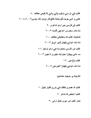 ٨- ‫ترک‬ ‫سے‬ ‫ال‬ ‫کے‬ ‫غالب‬‫ی‬‫تفہم‬ ‫کا‬ ‫والے‬ ‫پانے‬ ‫ب‬‫ی‬‫مطالعہ‬
‫علم‬‫ی‬‫ادب‬ ‫و‬‫ی‬‫جر‬‫ی‬‫موس‬ ‫اللہ‬ ‫وومن‬ ‫فار‬ ‫کالج‬ ‫گورنمنٹ‬ ‫دہ‬‫ی‬٢٠٠٣-٢٠٠٤
٩- ‫ک‬ ‫غالب‬‫ی‬‫فارس‬‫ی‬‫م‬‫ی‬‫شاعر‬ ‫اردو‬ ‫ں‬‫ی‬
‫ور‬ ‫سخن‬ ‫نامہ‬ ‫ماہ‬‘‫کراچ‬‫ی‬‫اگست‬٢٠٠٣
١٠- ‫نشان‬‫ی‬‫ساخت‬ ‫کا‬ ‫غالب‬ ‫ات‬‫ی‬‫ات‬‫ی‬‫مطالعہ‬
‫نو‬ ‫نامہ‬ ‫ماہ‬‫اپر‬ ‫الہور‬ ‫پٹھان‬ ‫ائے‬‫ی‬‫ل‬٢٠٠٣
١١- ‫فارس‬ ‫اور‬ ‫غالب‬‫ی‬‫تراجم‬ ‫اردو‬ ‫کے‬ ‫محاورات‬
‫ماہ‬ ‫سہ‬‫ی‬‫پہچان‬‘‫ح‬‫ی‬‫جنور‬ ‫درآباد‬‫ی‬‫جون‬ ‫تا‬٢٠٠٣
١٢- ‫م‬ ‫باغ‬ ‫غالب‬‫ی‬‫ں‬
‫پٹھان‬ ‫نوائے‬ ‫نامہ‬ ‫ماہ‬‘‫الہورمئ‬‫ی‬٢٠٠٥
‫انٹرن‬‫ی‬‫مضام‬ ‫موجود‬ ‫پر‬ ‫ٹ‬‫ی‬‫ن‬
١- ‫عصر‬ ‫کا‬ ‫غالب‬‫ی‬‫خ‬ ‫اظہار‬ ‫بارے‬ ‫کے‬ ‫طاقت‬‫ی‬‫ال‬
٢- ‫غالب‬‘‫شاعر‬ ‫کا‬ ‫شخص‬
٣- ‫شعر‬‫م‬ ‫اور‬ ‫غالب‬‫ی‬‫ر‬‫ی‬‫خ‬‫ی‬‫آرائ‬ ‫ال‬‫ی‬
 