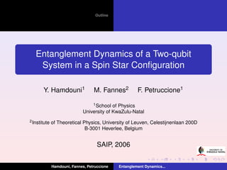 Outline




   Entanglement Dynamics of a Two-qubit
    System in a Spin Star Conﬁguration

       Y. Hamdouni1                M. Fannes2          F. Petruccione1
                                  1 School of Physics

                              University of KwaZulu-Natal
2 Institute   of Theoretical Physics, University of Leuven, Celestijnenlaan 200D
                              B-3001 Heverlee, Belgium


                                     SAIP, 2006


              Hamdouni, Fannes, Petruccione   Entanglement Dynamics...
 