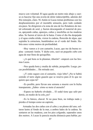 57
mueve con voluntad. El agua queda un metro más abajo y caer-
se es hacerse fijo una avería de dolor indescriptible, además del
frío remojón, claro. Ni Antón ni Lucas tenían problemas con los
desplazamientos por el inestable armazón, pero todo cuidado
era poco. Se dirigieron a la zona de uno de los flotadores de me-
tal coloreado de azul, y fueron descargando el material de pes-
ca, apoyando cañas, aparejos, cubos y mochillas en las maderas
altas. Se fueron al inicio de la batea. Como el día iba despejado
y el agua estaba nítida, vieron la cadena, florecida de algas, que
sujetaba la estructura, hundiéndose en el verde del fondo. Ha-
bría unos veinte metros de profundidad.
–Hoy vamos a ir con camarón, Lucas, que me da buena es-
pina –comentó Antón. Y dicho esto, sacó un pequeño cubo con
agua de mar lleno de quisquillas.
–¿A qué hora es la pleamar, tiburón? –empezó con las bro-
mas Lucas.
–Nos queda hora y media de subida, pezqueñín. Luego, po-
cas posibilidades… De retirada casi.
–¿Y estás seguro con el camarón, viejo lobo? ¿No te habrá
comido el tarro algún guasón que se reserva para él lo que no
quiere que cojas tú?
–Es posible, pero llevan una semana a muerte con la bicha
transparente. ¿Sabes cómo se mete el anzuelo?
–Espero no haberlo olvidado… El sedal tiene que salir por
detrás, en medio de la cola ¿no?
–Es lo básico, chaval. Si no pasa bien, no trabaja nada y
pierdes el tiempo como un capirote.
Armadas las dos cañas con el cebo y un plomo del uno, sol-
taron lastre al fondo de la mar, a ambos lados de la cadena. Se
sentaron en las maderas, con los pies colgando, separados unos
dos metros. A Lucas le parecía mucha distancia para hablar, pe-
 