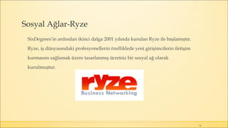 Sosyal Ağlar-Ryze
SixDegrees’in ardından ikinci dalga 2001 yılında kurulan Ryze ile başlamıştır.
Ryze, iş dünyasındaki profesyonellerin özelliklede yeni girişimcilerin iletişim
kurmasını sağlamak üzere tasarlanmış ücretsiz bir sosyal ağ olarak
kurulmuştur.
16
 