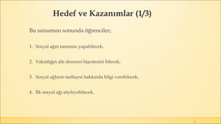 Hedef ve Kazanımlar (1/3)
2
Bu sunumun sonunda öğrenciler;
1. Sosyal ağın tanımını yapabilecek,
2. Yakınlığın altı derecesi hipotezini bilecek,
3. Sosyal ağların tarihçesi hakkında bilgi verebilecek,
4. İlk sosyal ağı söyleyebilecek,
 