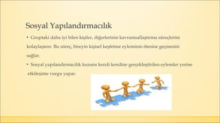 Sosyal Yapılandırmacılık
▪ Gruptaki daha iyi bilen kişiler, diğerlerinin kavramsallaştırma süreçlerini
kolaylaştırır. Bu süreç, bireyin kişisel keşfetme eyleminin ötesine geçmesini
sağlar.
▪ Sosyal yapılandırmacılık kuramı kendi kendine gerçekleştirilen eylemler yerine
etkileşime vurgu yapar.
 