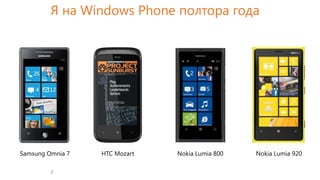 Я на Windows Phone полтора года




Samsung Omnia 7   HTC Mozart   Nokia Lumia 800   Nokia Lumia 920

         2
 