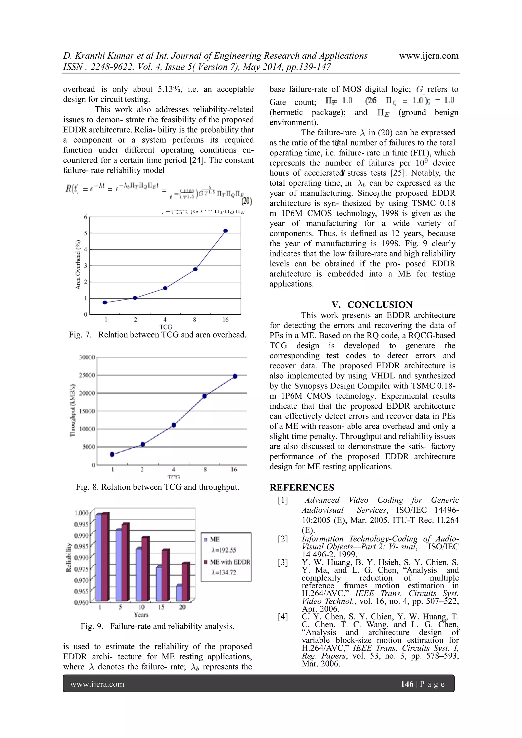 D. Kranthi Kumar et al Int. Journal of Engineering Research and Applications www.ijera.com
ISSN : 2248-9622, Vol. 4, Issue 5( Version 7), May 2014, pp.139-147
www.ijera.com 146 | P a g e
overhead is only about 5.13%, i.e. an acceptable
design for circuit testing.
This work also addresses reliability-related
issues to demon- strate the feasibility of the proposed
EDDR architecture. Relia- bility is the probability that
a component or a system performs its required
function under different operating conditions en-
countered for a certain time period [24]. The constant
failure- rate reliability model
Fig. 7. Relation between TCG and area overhead.
Fig. 8. Relation between TCG and throughput.
Fig. 9. Failure-rate and reliability analysis.
is used to estimate the reliability of the proposed
EDDR archi- tecture for ME testing applications,
where denotes the failure- rate; represents the
base failure-rate of MOS digital logic; refers to
Gate count;
(hermetic package); and (ground benign
environment).
The failure-rate in (20) can be expressed
as the ratio of the total number of failures to the total
operating time, i.e. failure- rate in time (FIT), which
represents the number of failures per device
hours of accelerated stress tests [25]. Notably, the
total operating time, in can be expressed as the
year of manufacturing. Since the proposed EDDR
architecture is syn- thesized by using TSMC 0.18
m 1P6M CMOS technology, 1998 is given as the
year of manufacturing for a wide variety of
components. Thus, is defined as 12 years, because
the year of manufacturing is 1998. Fig. 9 clearly
indicates that the low failure-rate and high reliability
levels can be obtained if the pro- posed EDDR
architecture is embedded into a ME for testing
applications.
V. CONCLUSION
This work presents an EDDR architecture
for detecting the errors and recovering the data of
PEs in a ME. Based on the RQ code, a RQCG-based
TCG design is developed to generate the
corresponding test codes to detect errors and
recover data. The proposed EDDR architecture is
also implemented by using VHDL and synthesized
by the Synopsys Design Compiler with TSMC 0.18-
m 1P6M CMOS technology. Experimental results
indicate that that the proposed EDDR architecture
can effectively detect errors and recover data in PEs
of a ME with reason- able area overhead and only a
slight time penalty. Throughput and reliability issues
are also discussed to demonstrate the satis- factory
performance of the proposed EDDR architecture
design for ME testing applications.
REFERENCES
[1] Advanced Video Coding for Generic
Audiovisual Services, ISO/IEC 14496-
10:2005 (E), Mar. 2005, ITU-T Rec. H.264
(E).
[2] Information Technology-Coding of Audio-
Visual Objects—Part 2: Vi- sual, ISO/IEC
14 496-2, 1999.
[3] Y. W. Huang, B. Y. Hsieh, S. Y. Chien, S.
Y. Ma, and L. G. Chen, “Analysis and
complexity reduction of multiple
reference frames motion estimation in
H.264/AVC,” IEEE Trans. Circuits Syst.
Video Technol., vol. 16, no. 4, pp. 507–522,
Apr. 2006.
[4] C. Y. Chen, S. Y. Chien, Y. W. Huang, T.
C. Chen, T. C. Wang, and L. G. Chen,
“Analysis and architecture design of
variable block-size motion estimation for
H.264/AVC,” IEEE Trans. Circuits Syst. I,
Reg. Papers, vol. 53, no. 3, pp. 578–593,
Mar. 2006.
 