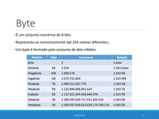 Byte
•É um conjunto numérico de 8 bits;
•Representa-se numericamente até 256 valores diferentes;
•Um byte é formado pelo conjunto de dois nibbles.
DIOGO SILVA 17
 