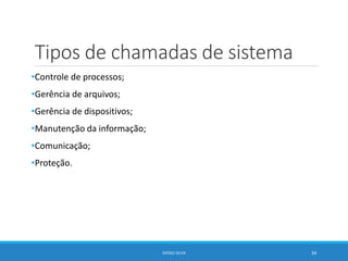 Tipos de chamadas de sistema
•Controle de processos;
•Gerência de arquivos;
•Gerência de dispositivos;
•Manutenção da informação;
•Comunicação;
•Proteção.
DIOGO SILVA 34
 