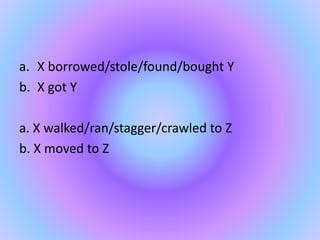 a. X borrowed/stole/found/bought Y
b. X got Y
a. X walked/ran/stagger/crawled to Z
b. X moved to Z
 