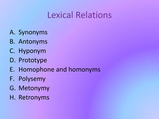 Lexical Relations
A. Synonyms
B. Antonyms
C. Hyponym
D. Prototype
E. Homophone and homonyms
F. Polysemy
G. Metonymy
H. Retronyms
 