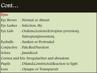Cont… 
Eyes: 
Eye Brows : Normal or Absent 
Eye Lashes : Infection, Sty. 
Eye Lids : Oedema,Lesions,Ectropion (eversion), 
Entropion(inversion) 
Eyeballs : Sunken or Protruded 
Conjuctive : Pale,Red.Purulent. 
Sclera : Jaundiced 
Cornea and Iris: Irregularities and abrasions 
Pupils : Dilated,Constricted,Reaction to light 
Lens : Opaque or Transparent 
 