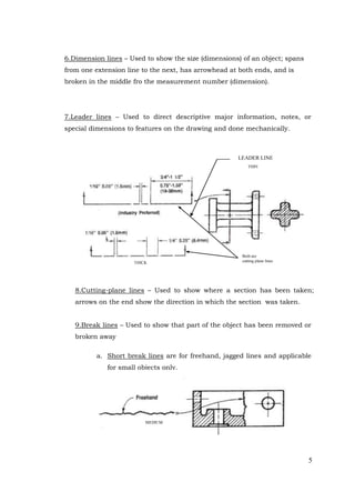 5
6.Dimension lines – Used to show the size (dimensions) of an object; spans
from one extension line to the next, has arrowhead at both ends, and is
broken in the middle fro the measurement number (dimension).
7.Leader lines – Used to direct descriptive major information, notes, or
special dimensions to features on the drawing and done mechanically.
8.Cutting-plane lines – Used to show where a section has been taken;
arrows on the end show the direction in which the section was taken.
9.Break lines – Used to show that part of the object has been removed or
broken away
a. Short break lines are for freehand, jagged lines and applicable
for small objects only.
THICK
Both are
cutting plane lines
LEADER LINE
THIN
MEDIUM
 