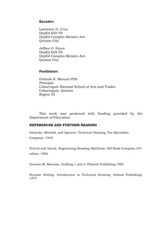 Encoder:
Lawrence D. Cruz
DepEd EID-TS
DepEd Complex Meralco Ave.
Quezon City
Jeffree O. Ponce
DepEd EID-TS
DepEd Complex Meralco Ave.
Quezon City
Facilitator:
Orlando E. Manuel PhD
Principal
Cabarroguis National School of Arts and Trades
Cabarroguis, Quirino
Region 02
This work was produced with funding provided by the
Department of Education.
REFERENCES AND FURTHER READING
Giesecke, Mitchell, and Spencer. Technical Drawing; The Macmillan
Company: 1949.
French and Vierck. Engineering Drawing; MacGraw, Hill Book Company,10th
editon: 1960
German M. Manaois. Drafting 1 and 2; Phoenix Publishing:1983
Norman Stirling. Introduction to Technical Drawing; Delmar Publishing:
1977
 