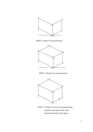 5
STEP 3. Project measurements.
S
T
E
P
4
.
D
i
v
i
d
e
o
n
e
a
x
i
s
f
o
r
p
r
STEP 5. Divide one axis for proportioning
distance and sketch the most
dominant detail of the object.
STEP 4. Sketch the enclosing box.
 