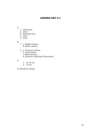 56
ANSWER KEY 2.1
A.
1. Dimension
2. 3mm
3. Extension line
4. 2mm
5. 2mm
B.
1. a. English system
b. Metric system
2. a. Character of lines
b. Arrow heads
c. Extension line
d. Distance/ Spacing of dimensions
C.
1. 81.33 cm
2. 15 cm
D. (Teacher’s check)
 