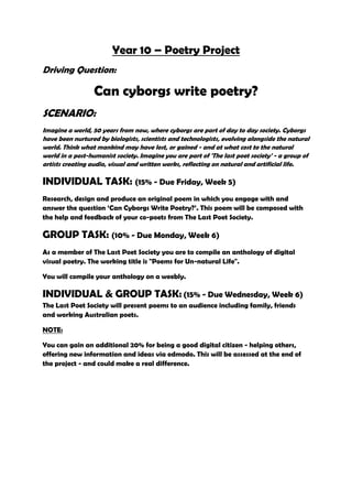 Year 10 – Poetry Project
Driving Question:

                  Can cyborgs write poetry?
SCENARIO:
Imagine a world, 50 years from now, where cyborgs are part of day to day society. Cyborgs
have been nurtured by biologists, scientists and technologists, evolving alongside the natural
world. Think what mankind may have lost, or gained - and at what cost to the natural
world in a post-humanist society. Imagine you are part of 'The last poet society' - a group of
artists creating audio, visual and written works, reflecting on natural and artificial life.

INDIVIDUAL TASK: (15% - Due Friday, Week 5)
Research, design and produce an original poem in which you engage with and
answer the question ‘Can Cyborgs Write Poetry?’. This poem will be composed with
the help and feedback of your co-poets from The Last Poet Society.

GROUP TASK: (10% - Due Monday, Week 6)
As a member of The Last Poet Society you are to compile an anthology of digital
visual poetry. The working title is "Poems for Un-natural Life".

You will compile your anthology on a weebly.

INDIVIDUAL & GROUP TASK: (15% - Due Wednesday, Week 6)
The Last Poet Society will present poems to an audience including family, friends
and working Australian poets.

NOTE:

You can gain an additional 20% for being a good digital citizen - helping others,
offering new information and ideas via edmodo. This will be assessed at the end of
the project - and could make a real difference.
 