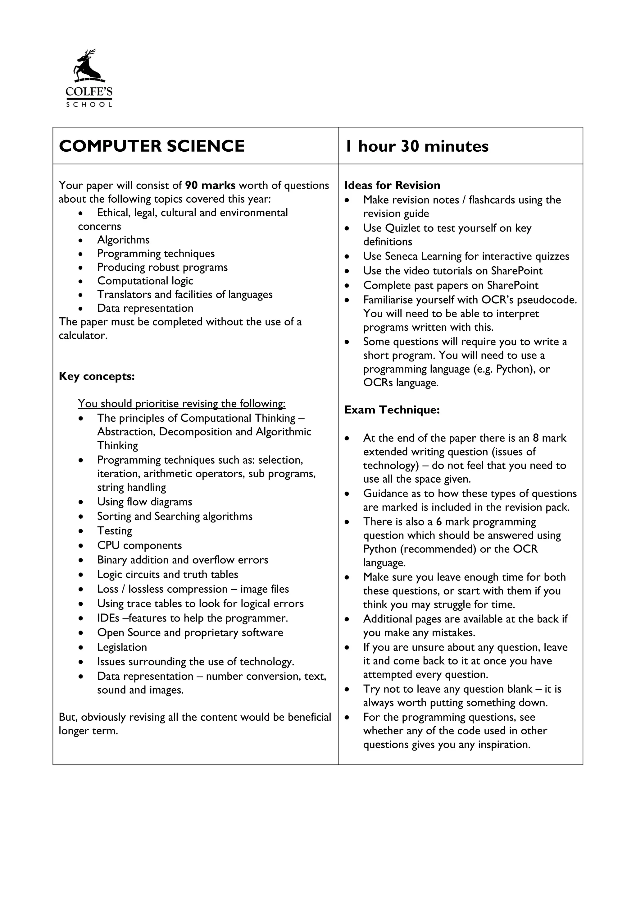 COMPUTER SCIENCE 1 hour 30 minutes
Your paper will consist of 90 marks worth of questions
about the following topics covered this year:
• Ethical, legal, cultural and environmental
concerns
• Algorithms
• Programming techniques
• Producing robust programs
• Computational logic
• Translators and facilities of languages
• Data representation
The paper must be completed without the use of a
calculator.
Key concepts:
You should prioritise revising the following:
• The principles of Computational Thinking –
Abstraction, Decomposition and Algorithmic
Thinking
• Programming techniques such as: selection,
iteration, arithmetic operators, sub programs,
string handling
• Using flow diagrams
• Sorting and Searching algorithms
• Testing
• CPU components
• Binary addition and overflow errors
• Logic circuits and truth tables
• Loss / lossless compression – image files
• Using trace tables to look for logical errors
• IDEs –features to help the programmer.
• Open Source and proprietary software
• Legislation
• Issues surrounding the use of technology.
• Data representation – number conversion, text,
sound and images.
But, obviously revising all the content would be beneficial
longer term.
Ideas for Revision
• Make revision notes / flashcards using the
revision guide
• Use Quizlet to test yourself on key
definitions
• Use Seneca Learning for interactive quizzes
• Use the video tutorials on SharePoint
• Complete past papers on SharePoint
• Familiarise yourself with OCR’s pseudocode.
You will need to be able to interpret
programs written with this.
• Some questions will require you to write a
short program. You will need to use a
programming language (e.g. Python), or
OCRs language.
Exam Technique:
• At the end of the paper there is an 8 mark
extended writing question (issues of
technology) – do not feel that you need to
use all the space given.
• Guidance as to how these types of questions
are marked is included in the revision pack.
• There is also a 6 mark programming
question which should be answered using
Python (recommended) or the OCR
language.
• Make sure you leave enough time for both
these questions, or start with them if you
think you may struggle for time.
• Additional pages are available at the back if
you make any mistakes.
• If you are unsure about any question, leave
it and come back to it at once you have
attempted every question.
• Try not to leave any question blank – it is
always worth putting something down.
• For the programming questions, see
whether any of the code used in other
questions gives you any inspiration.
 
