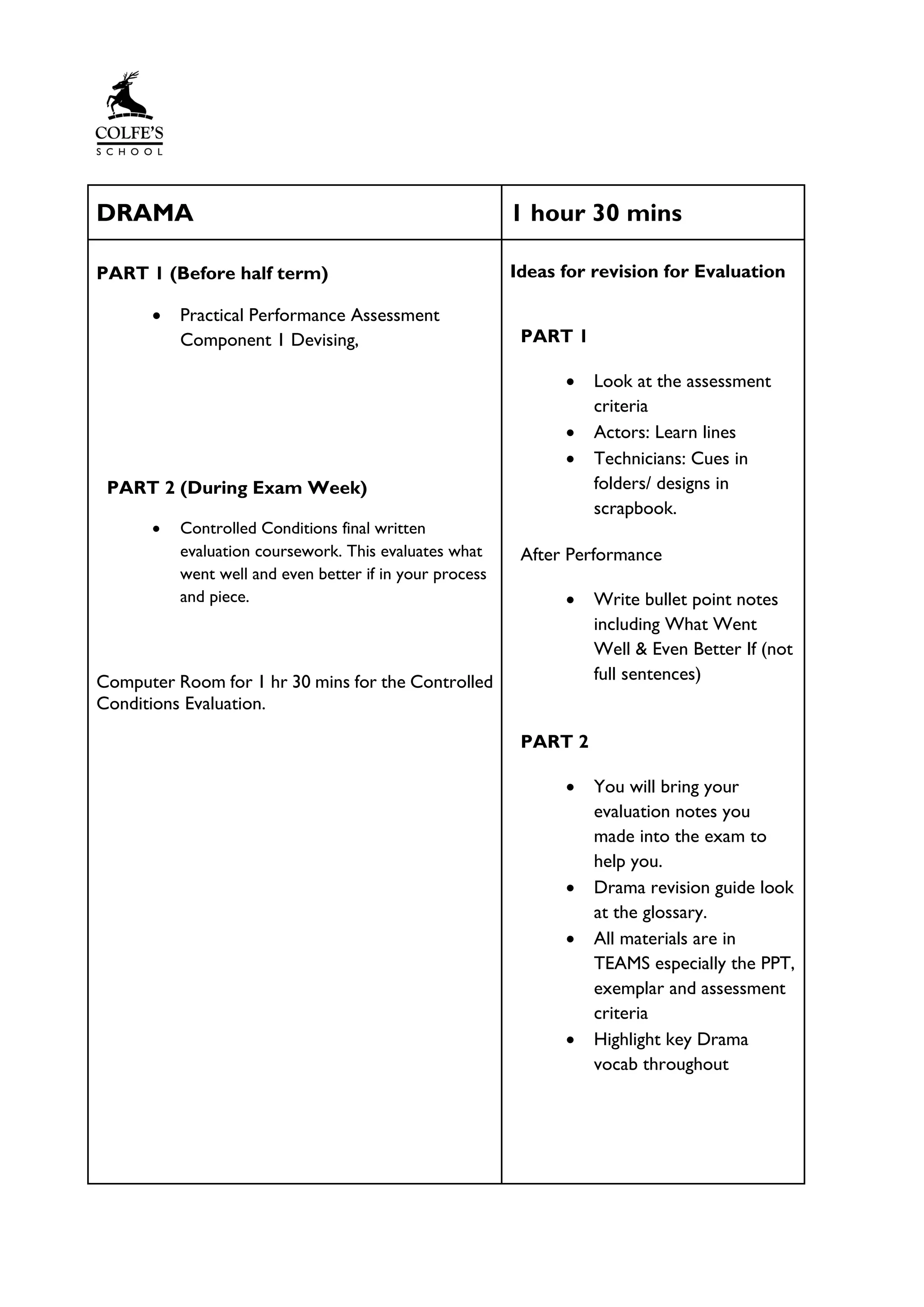 DRAMA 1 hour 30 mins
PART 1 (Before half term)
• Practical Performance Assessment
Component 1 Devising,
PART 2 (During Exam Week)
• Controlled Conditions final written
evaluation coursework. This evaluates what
went well and even better if in your process
and piece.
Computer Room for 1 hr 30 mins for the Controlled
Conditions Evaluation.
Ideas for revision for Evaluation
PART 1
• Look at the assessment
criteria
• Actors: Learn lines
• Technicians: Cues in
folders/ designs in
scrapbook.
After Performance
• Write bullet point notes
including What Went
Well & Even Better If (not
full sentences)
PART 2
• You will bring your
evaluation notes you
made into the exam to
help you.
• Drama revision guide look
at the glossary.
• All materials are in
TEAMS especially the PPT,
exemplar and assessment
criteria
• Highlight key Drama
vocab throughout
 