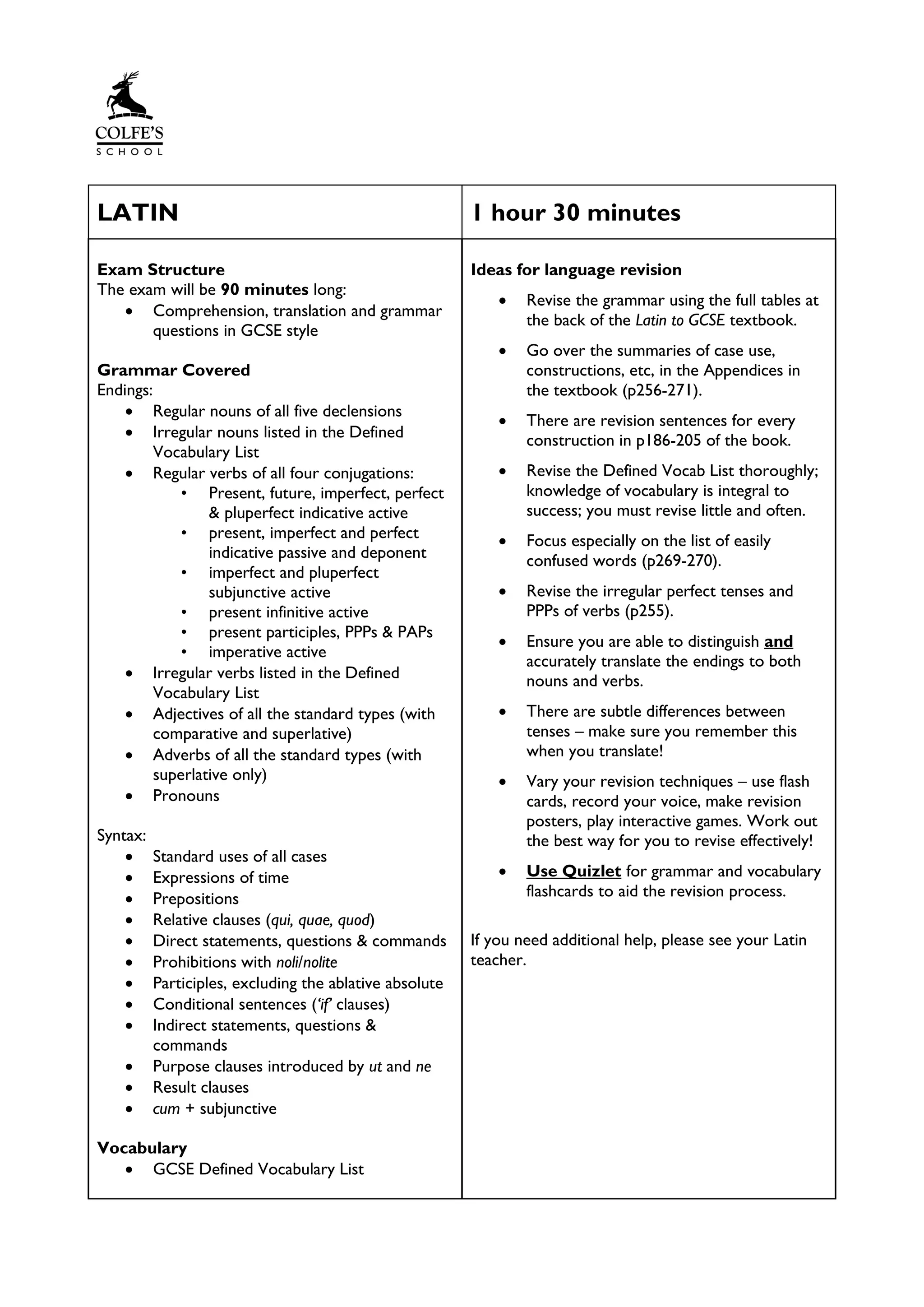 LATIN 1 hour 30 minutes
Exam Structure
The exam will be 90 minutes long:
• Comprehension, translation and grammar
questions in GCSE style
Grammar Covered
Endings:
• Regular nouns of all five declensions
• Irregular nouns listed in the Defined
Vocabulary List
• Regular verbs of all four conjugations:
• Present, future, imperfect, perfect
& pluperfect indicative active
• present, imperfect and perfect
indicative passive and deponent
• imperfect and pluperfect
subjunctive active
• present infinitive active
• present participles, PPPs & PAPs
• imperative active
• Irregular verbs listed in the Defined
Vocabulary List
• Adjectives of all the standard types (with
comparative and superlative)
• Adverbs of all the standard types (with
superlative only)
• Pronouns
Syntax:
• Standard uses of all cases
• Expressions of time
• Prepositions
• Relative clauses (qui, quae, quod)
• Direct statements, questions & commands
• Prohibitions with noli/nolite
• Participles, excluding the ablative absolute
• Conditional sentences (‘if’ clauses)
• Indirect statements, questions &
commands
• Purpose clauses introduced by ut and ne
• Result clauses
• cum + subjunctive
Vocabulary
• GCSE Defined Vocabulary List
Ideas for language revision
• Revise the grammar using the full tables at
the back of the Latin to GCSE textbook.
• Go over the summaries of case use,
constructions, etc, in the Appendices in
the textbook (p256-271).
• There are revision sentences for every
construction in p186-205 of the book.
• Revise the Defined Vocab List thoroughly;
knowledge of vocabulary is integral to
success; you must revise little and often.
• Focus especially on the list of easily
confused words (p269-270).
• Revise the irregular perfect tenses and
PPPs of verbs (p255).
• Ensure you are able to distinguish and
accurately translate the endings to both
nouns and verbs.
• There are subtle differences between
tenses – make sure you remember this
when you translate!
• Vary your revision techniques – use flash
cards, record your voice, make revision
posters, play interactive games. Work out
the best way for you to revise effectively!
• Use Quizlet for grammar and vocabulary
flashcards to aid the revision process.
If you need additional help, please see your Latin
teacher.
 