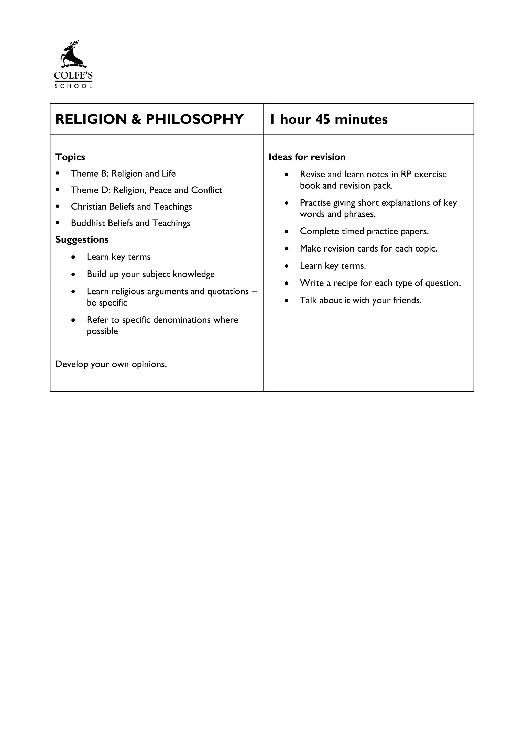 RELIGION & PHILOSOPHY 1 hour 45 minutes
Topics
▪ Theme B: Religion and Life
▪ Theme D: Religion, Peace and Conflict
▪ Christian Beliefs and Teachings
▪ Buddhist Beliefs and Teachings
Suggestions
• Learn key terms
• Build up your subject knowledge
• Learn religious arguments and quotations –
be specific
• Refer to specific denominations where
possible
Develop your own opinions.
Ideas for revision
• Revise and learn notes in RP exercise
book and revision pack.
• Practise giving short explanations of key
words and phrases.
• Complete timed practice papers.
• Make revision cards for each topic.
• Learn key terms.
• Write a recipe for each type of question.
• Talk about it with your friends.
 