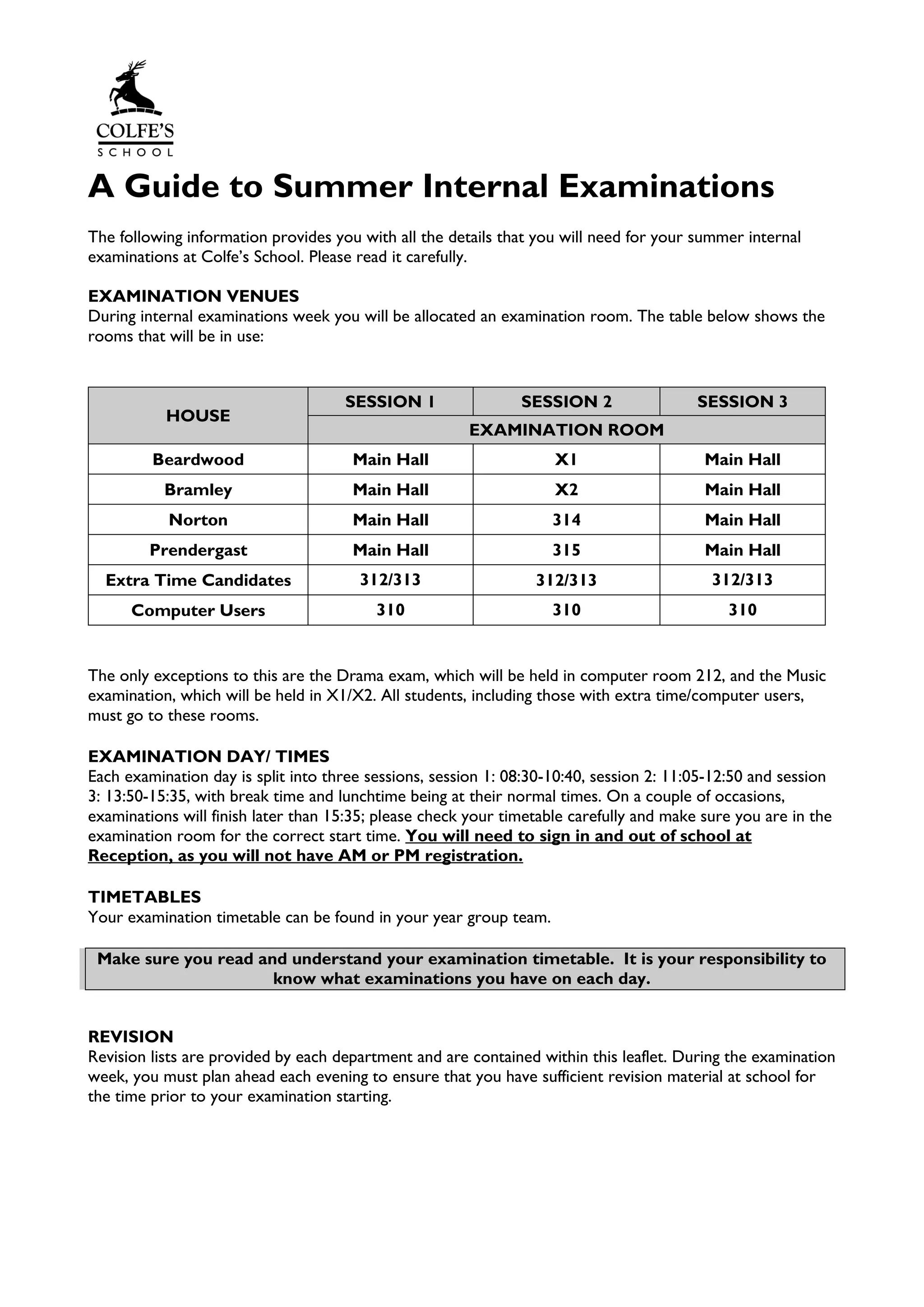 A Guide to Summer Internal Examinations
The following information provides you with all the details that you will need for your summer internal
examinations at Colfe’s School. Please read it carefully.
EXAMINATION VENUES
During internal examinations week you will be allocated an examination room. The table below shows the
rooms that will be in use:
The only exceptions to this are the Drama exam, which will be held in computer room 212, and the Music
examination, which will be held in X1/X2. All students, including those with extra time/computer users,
must go to these rooms.
EXAMINATION DAY/ TIMES
Each examination day is split into three sessions, session 1: 08:30-10:40, session 2: 11:05-12:50 and session
3: 13:50-15:35, with break time and lunchtime being at their normal times. On a couple of occasions,
examinations will finish later than 15:35; please check your timetable carefully and make sure you are in the
examination room for the correct start time. You will need to sign in and out of school at
Reception, as you will not have AM or PM registration.
TIMETABLES
Your examination timetable can be found in your year group team.
Make sure you read and understand your examination timetable. It is your responsibility to
know what examinations you have on each day.
REVISION
Revision lists are provided by each department and are contained within this leaflet. During the examination
week, you must plan ahead each evening to ensure that you have sufficient revision material at school for
the time prior to your examination starting.
HOUSE
SESSION 1 SESSION 2 SESSION 3
EXAMINATION ROOM
Beardwood Main Hall X1 Main Hall
Bramley Main Hall X2 Main Hall
Norton Main Hall 314 Main Hall
Prendergast Main Hall 315 Main Hall
Extra Time Candidates 312/313 312/313 312/313
Computer Users 310 310 310
 