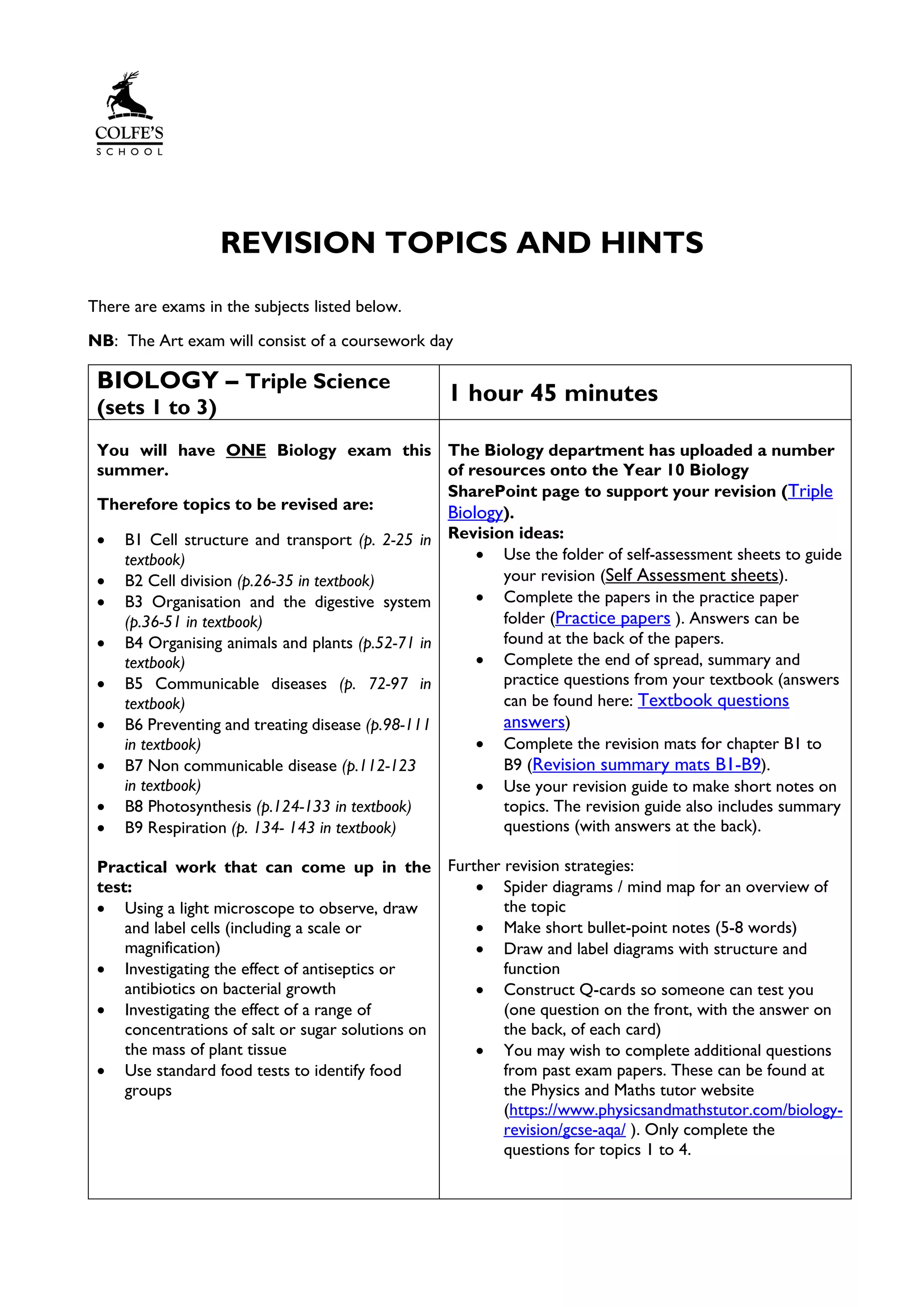 REVISION TOPICS AND HINTS
There are exams in the subjects listed below.
NB: The Art exam will consist of a coursework day
BIOLOGY – Triple Science
(sets 1 to 3)
1 hour 45 minutes
You will have ONE Biology exam this
summer.
Therefore topics to be revised are:
• B1 Cell structure and transport (p. 2-25 in
textbook)
• B2 Cell division (p.26-35 in textbook)
• B3 Organisation and the digestive system
(p.36-51 in textbook)
• B4 Organising animals and plants (p.52-71 in
textbook)
• B5 Communicable diseases (p. 72-97 in
textbook)
• B6 Preventing and treating disease (p.98-111
in textbook)
• B7 Non communicable disease (p.112-123
in textbook)
• B8 Photosynthesis (p.124-133 in textbook)
• B9 Respiration (p. 134- 143 in textbook)
Practical work that can come up in the
test:
• Using a light microscope to observe, draw
and label cells (including a scale or
magnification)
• Investigating the effect of antiseptics or
antibiotics on bacterial growth
• Investigating the effect of a range of
concentrations of salt or sugar solutions on
the mass of plant tissue
• Use standard food tests to identify food
groups
The Biology department has uploaded a number
of resources onto the Year 10 Biology
SharePoint page to support your revision (Triple
Biology).
Revision ideas:
• Use the folder of self-assessment sheets to guide
your revision (Self Assessment sheets).
• Complete the papers in the practice paper
folder (Practice papers ). Answers can be
found at the back of the papers.
• Complete the end of spread, summary and
practice questions from your textbook (answers
can be found here: Textbook questions
answers)
• Complete the revision mats for chapter B1 to
B9 (Revision summary mats B1-B9).
• Use your revision guide to make short notes on
topics. The revision guide also includes summary
questions (with answers at the back).
Further revision strategies:
• Spider diagrams / mind map for an overview of
the topic
• Make short bullet-point notes (5-8 words)
• Draw and label diagrams with structure and
function
• Construct Q-cards so someone can test you
(one question on the front, with the answer on
the back, of each card)
• You may wish to complete additional questions
from past exam papers. These can be found at
the Physics and Maths tutor website
(https://www.physicsandmathstutor.com/biology-
revision/gcse-aqa/ ). Only complete the
questions for topics 1 to 4.
 