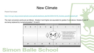 New Climate
Parent Fact sheet
https://www.gov.uk/government/uploads/system/uploads/attachment_data/file/626681/GCSE_Factsheet_parentFormatted1.pdf
The main conversion points are as follows: Grades 4 and higher are equivalent to grades C and above. Grades A and A*
are being replaced by numerical grades 7, 8 and 9
 