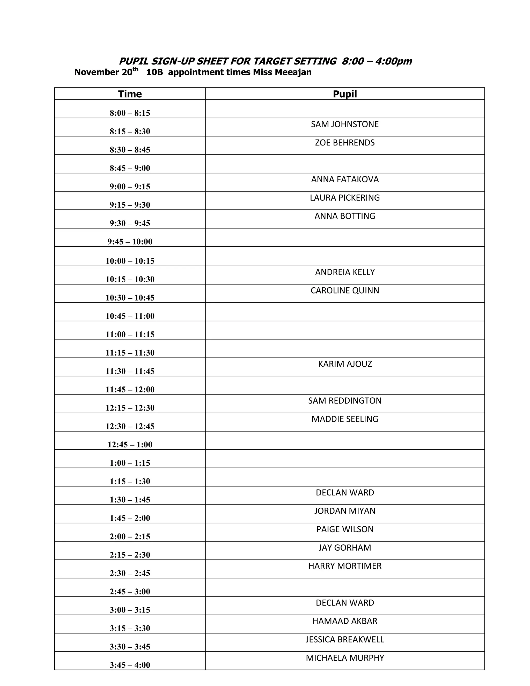 PUPIL SIGN-UP SHEET FOR TARGET SETTING 8:00 – 4:00pm
November 20th 10B appointment times Miss Meeajan

         Time                                          Pupil
       8:00 – 8:15
                                               SAM JOHNSTONE
       8:15 – 8:30
                                                   ZOE BEHRENDS
       8:30 – 8:45

       8:45 – 9:00
                                               ANNA FATAKOVA
       9:00 – 9:15
                                               LAURA PICKERING
       9:15 – 9:30
                                                   ANNA BOTTING
       9:30 – 9:45

      9:45 – 10:00

      10:00 – 10:15
                                                   ANDREIA KELLY
      10:15 – 10:30
                                               CAROLINE QUINN
      10:30 – 10:45

      10:45 – 11:00

      11:00 – 11:15

      11:15 – 11:30
                                                    KARIM AJOUZ
      11:30 – 11:45

      11:45 – 12:00
                                               SAM REDDINGTON
      12:15 – 12:30
                                               MADDIE SEELING
      12:30 – 12:45

      12:45 – 1:00

       1:00 – 1:15

       1:15 – 1:30
                                                   DECLAN WARD
       1:30 – 1:45
                                                   JORDAN MIYAN
       1:45 – 2:00
                                                   PAIGE WILSON
       2:00 – 2:15
                                                    JAY GORHAM
       2:15 – 2:30
                                               HARRY MORTIMER
       2:30 – 2:45

       2:45 – 3:00
                                                   DECLAN WARD
       3:00 – 3:15
                                                   HAMAAD AKBAR
       3:15 – 3:30
                                              JESSICA BREAKWELL
       3:30 – 3:45
                                              MICHAELA MURPHY
       3:45 – 4:00
 