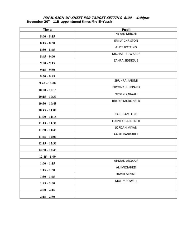 Sign Up Sheet With Time Slots Template Sign Up Sheet With Time Slots Template