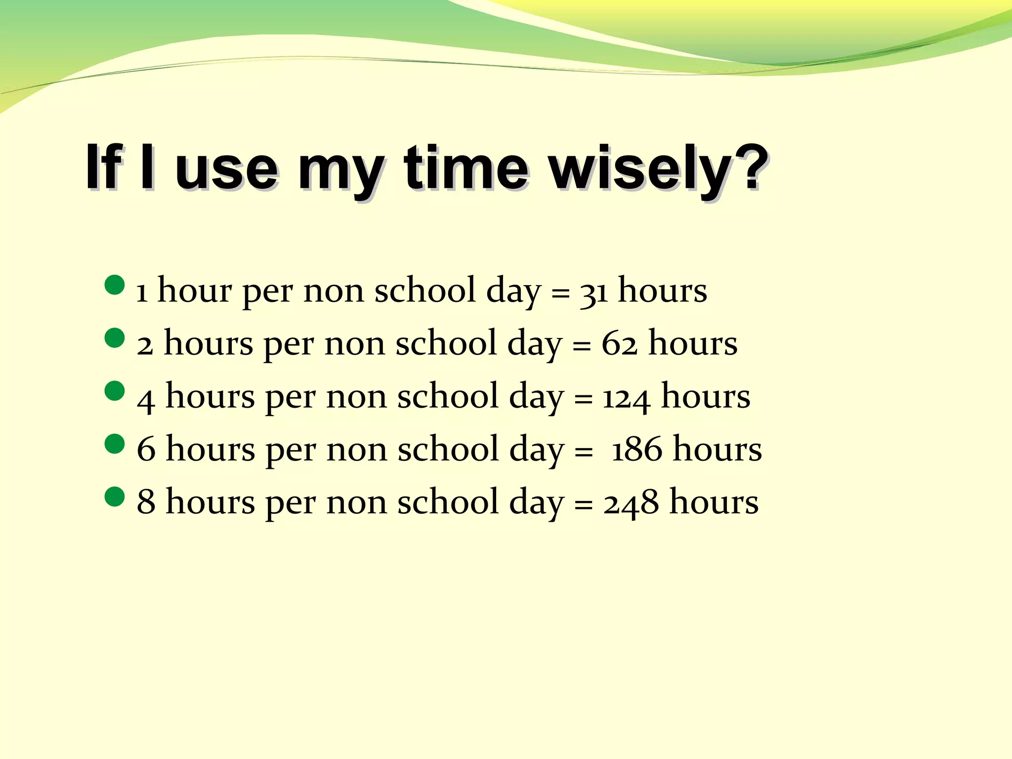 If I use my time wisely?If I use my time wisely?
1 hour per non school day = 31 hours
2 hours per non school day = 62 hours
4 hours per non school day = 124 hours
6 hours per non school day = 186 hours
8 hours per non school day = 248 hours
 