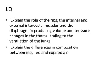 LO
• Explain the role of the ribs, the internal and
external intercostal muscles and the
diaphragm in producing volume and pressure
changes in the thorax leading to the
ventilation of the lungs
• Explain the differences in composition
between inspired and expired air
 