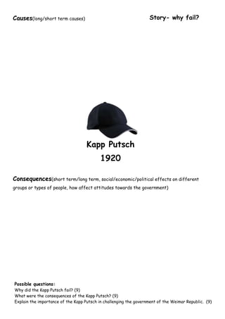 Causes(long/short term causes)                                     Story- why fail?




                                    Kapp Putsch
                                           1920

Consequences(short term/long term, social/economic/political effects on different
groups or types of people, how affect attitudes towards the government)




Possible questions:
Why did the Kapp Putsch fail? (9)
What were the consequences of the Kapp Putsch? (9)
Explain the importance of the Kapp Putsch in challenging the government of the Weimar Republic. (9)
 