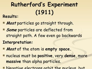 Rutherford’s Experiment (1911) Results: Most  particles go straight through. Some  particles are deflected from straight path. A few even go backwards Interpretation: Most  of the atom is  empty space. nucleus must be  positive , very  dense , more  massive  than alpha particles. Negative electrons orbit the nucleus, but are  much  lighter 