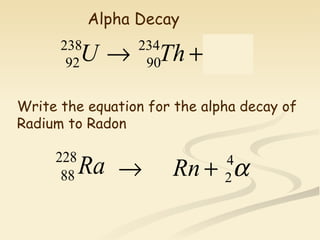 Write the equation for the alpha decay of Radium to Radon Alpha Decay 